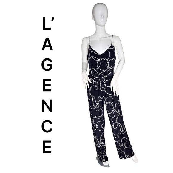 NEW L’AGENCE 100% Silk Jackie Camisole Chain Jumpsuit in Midnight Ivory NWT